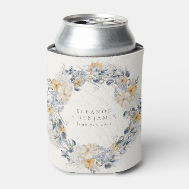 Blue Yellow Floral Watercolor Wreath Wedding Can Cooler (Can Front)