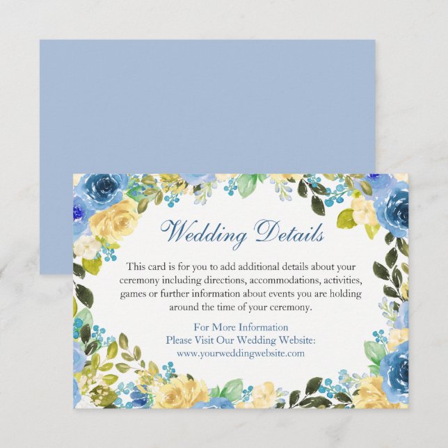 Blue Yellow Floral Wedding Details Enclosure Card (Front/Back)