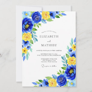 Blue Yellow Floral Wedding Invitation