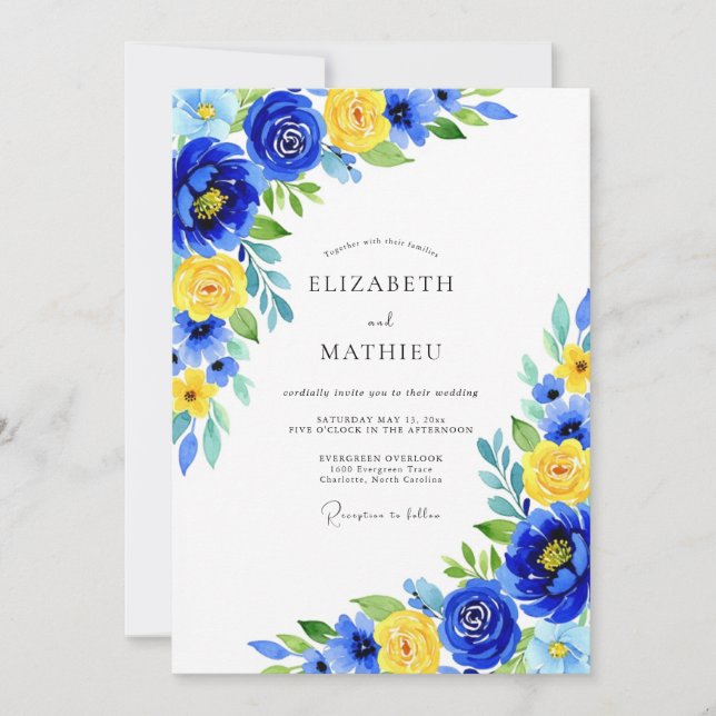 Blue Yellow Floral Wedding Invitation (Front)