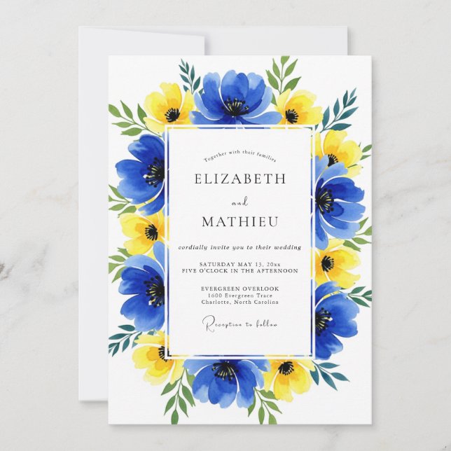 Blue Yellow Floral Whimsy Wedding Invitation (Front)