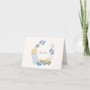 Blue Yellow Floral Wreath Personalized Stationery Thank You Card