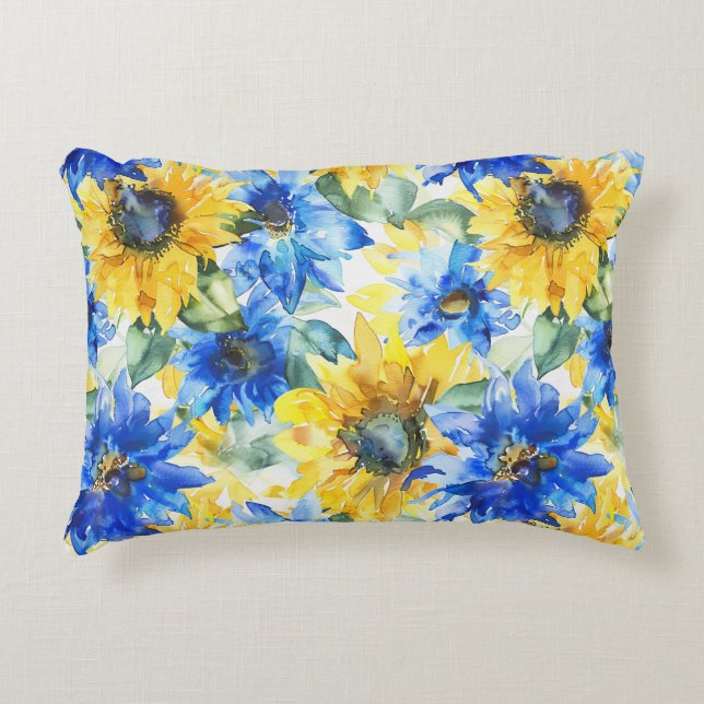 Blue Yellow Flowers Bridal Shower Accent Pillow (Front)