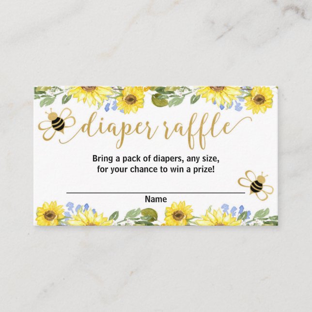 Blue yellow flowers bumble bee diaper raffle cards (Front)