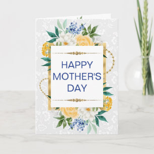 Blue Yellow Flowers & Gold Glitter Mother's Day Card