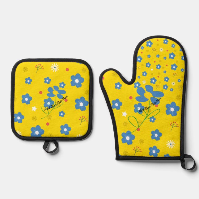 Blue Yellow Flowers  Oven Mitt & Pot Holder Set (Front)