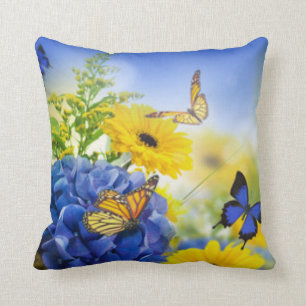 Blue Yellow Flowers With Butterflies Throw Pillow