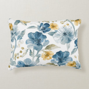 Blue Yellow Garden Flowers Botanical Pattern Accent Pillow