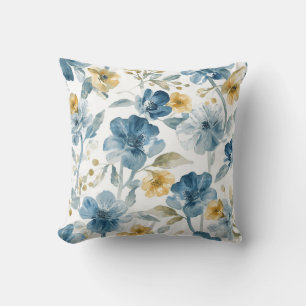 Blue Yellow Garden Flowers Botanical Pattern Throw Pillow