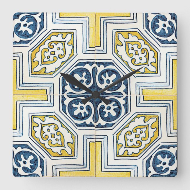 Blue Yellow Geometric Floral Tile Art Square Wall Clock (Front)