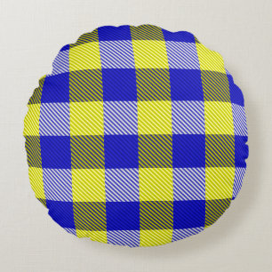 Blue Yellow Gingham Check Design  Round Pillow