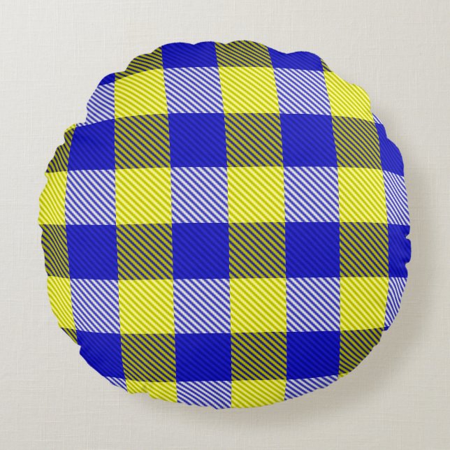 Blue Yellow Gingham Check Design  Round Pillow (Front)