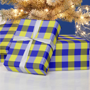 Blue Yellow Gingham Check Design Wrapping Paper