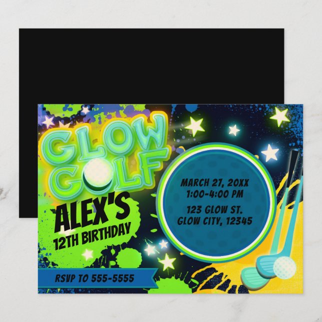 Blue Yellow Glow Golf Glowing Birthday Party Invitation (Front/Back)