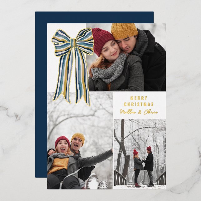 Blue Yellow Gold Striped Bow Merry Christmas Photo Foil Holiday Card (Front/Back)