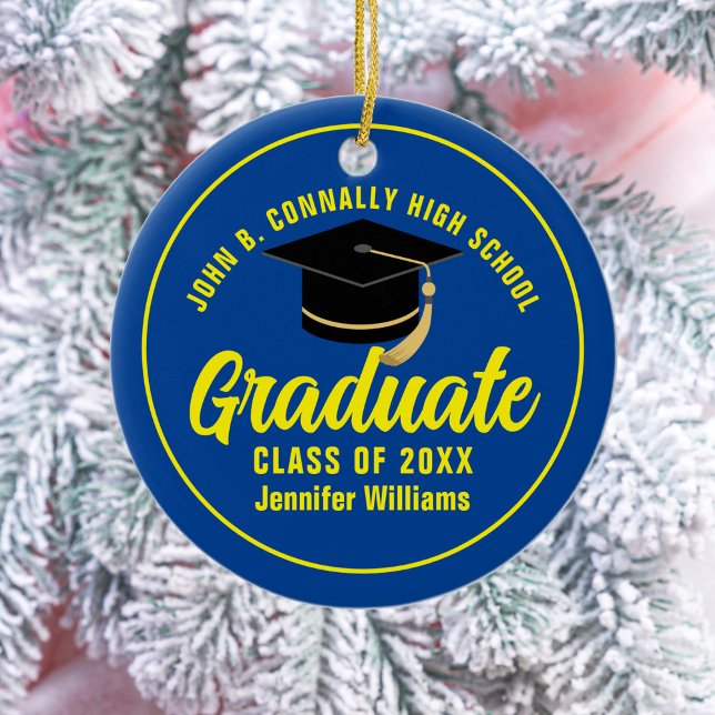 Blue Yellow Graduate Custom Graduation Christmas Ceramic Ornament (Creator Uploaded)