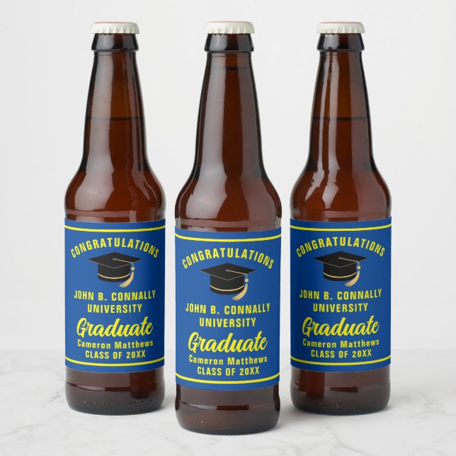 Blue Yellow Graduate Custom Graduation Party Beer Bottle Label (Bottles)