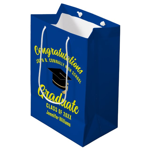 Blue Yellow Graduate Custom Graduation Party Medium Gift Bag (Front Angled)