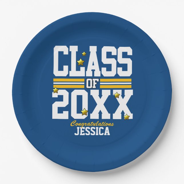 Blue|Yellow Graduating Class Year Paper Plate (Front)