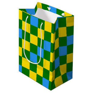 Blue Yellow Green Chequered Pattern Design  Medium Gift Bag