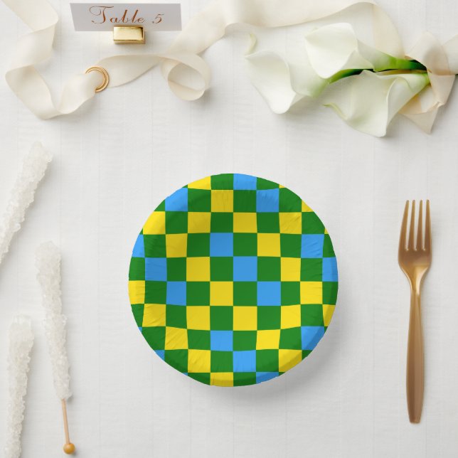 Blue Yellow Green Chequered Pattern Design  Paper Plate (Wedding)