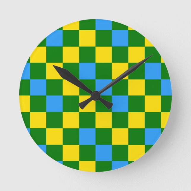 Blue Yellow Green Chequered Pattern Design  Round Clock (Front)