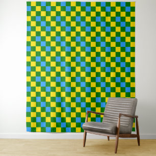 Blue Yellow Green Chequered Pattern Design Tapestry