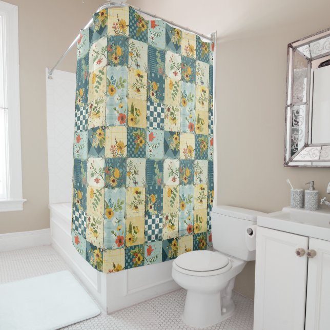 Blue Yellow Green Patchwork Quilt Floral Retro  (In Situ)