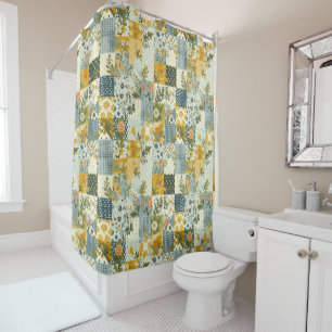 Blue Yellow Green Patchwork Quilt Floral Retro 