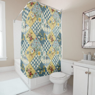Blue Yellow Green Patchwork Quilt Floral Retro 
