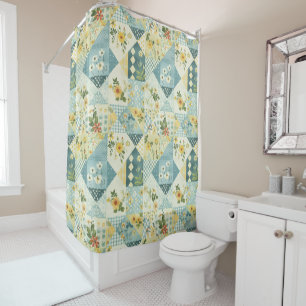 Blue Yellow Green Patchwork Quilt Floral Retro 