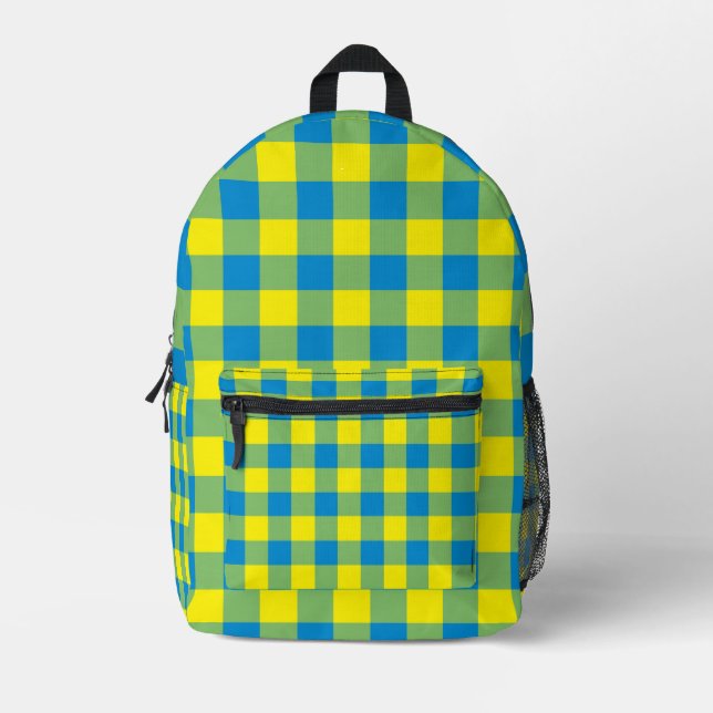 Blue Yellow Green Plaid Chequered Pattern Backpack (Front)