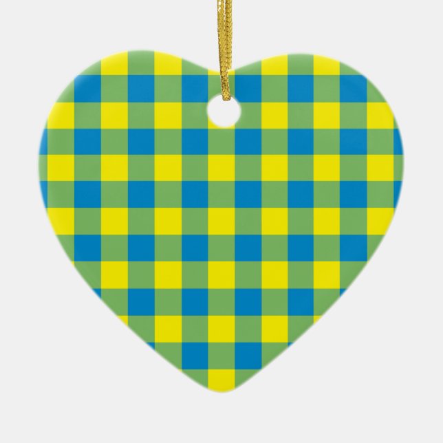 Blue Yellow Green Plaid Chequered Pattern Ceramic Ornament (Front)