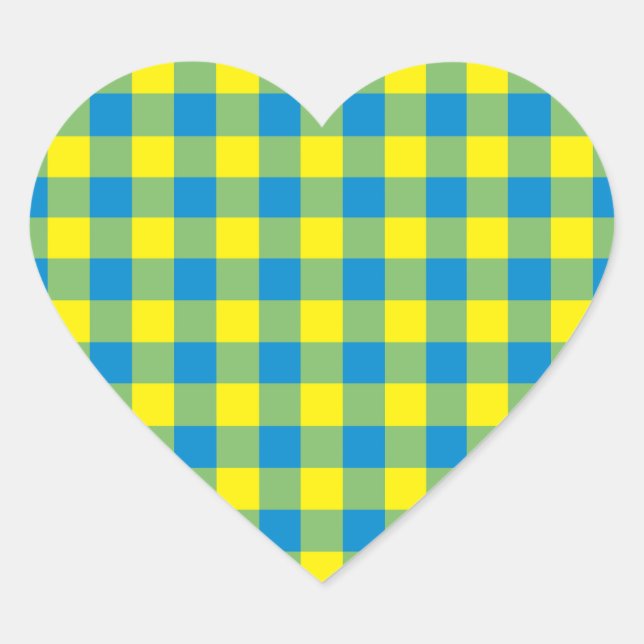 Blue Yellow Green Plaid Chequered Pattern Heart Sticker (Front)