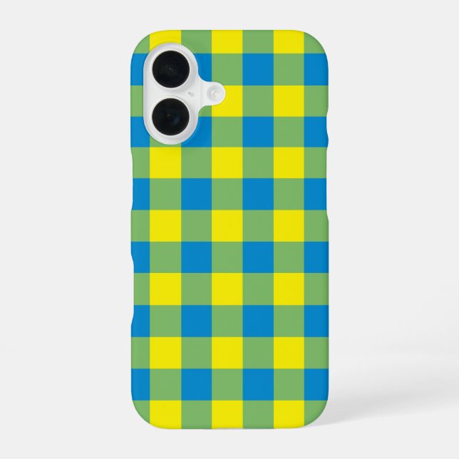 Blue Yellow Green Plaid Chequered Pattern iPhone 16 Case (Back)