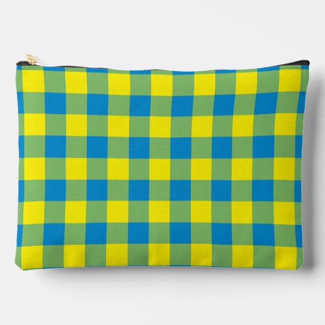 Blue Yellow Green Plaid Chequered Pattern Large Accessory Pouch (Front)