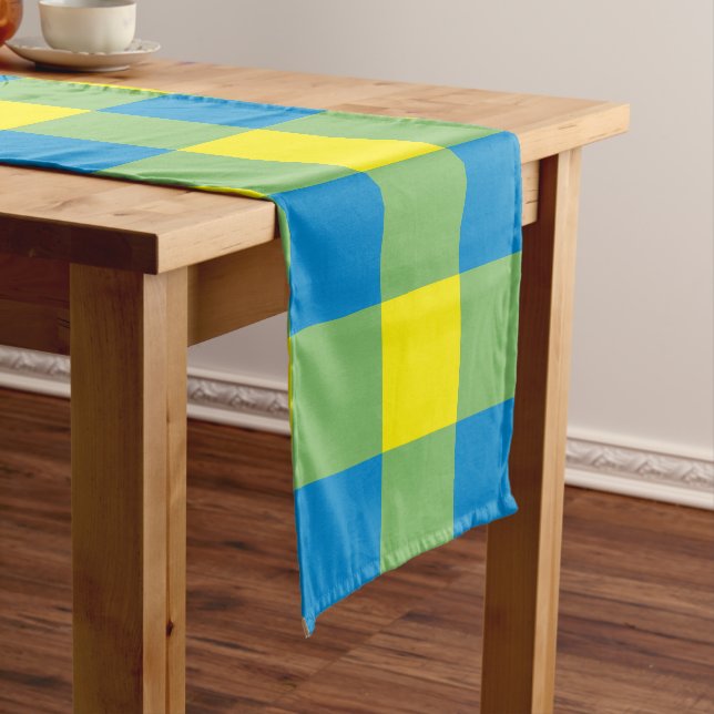 Blue Yellow Green Plaid Chequered Pattern Short Table Runner (In Situ)