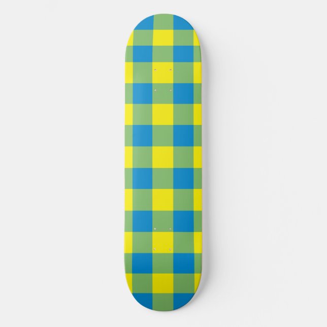 Blue Yellow Green Plaid Chequered Pattern Skateboard (Front)