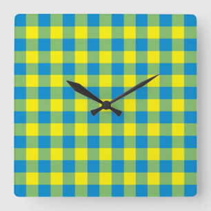 Blue Yellow Green Plaid Chequered Pattern Square Wall Clock