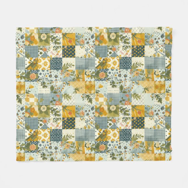 Blue Yellow Green Quilt Patchwork Gingham Floral Fleece Blanket (Front (Horizontal))