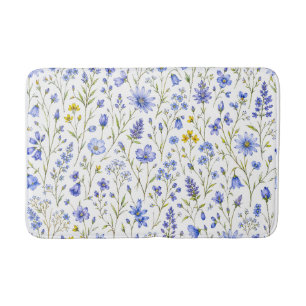 Blue Yellow Green Watercolor Wildflower Pattern Bath Mat
