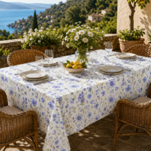Blue Yellow Green Watercolor Wildflower Pattern Tablecloth