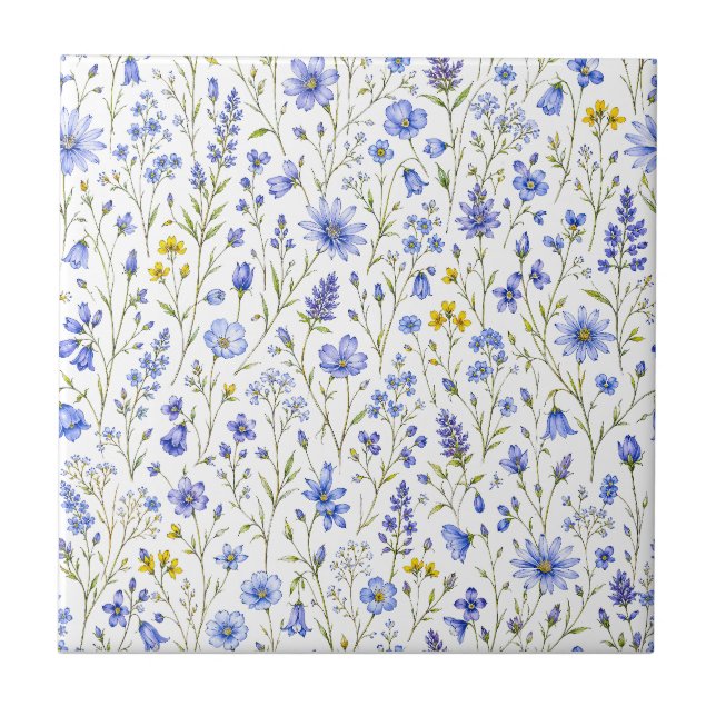 Blue Yellow Green Watercolor Wildflower Pattern Tile (Front)