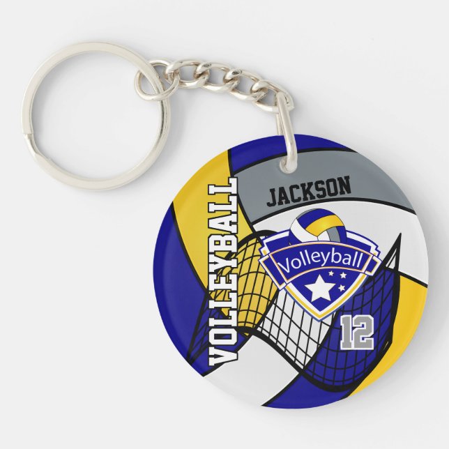 Blue, Yellow & Grey Personalize Volleyball Design Keychain (Front)