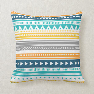 Blue Yellow Grey Tribal Decorative Pillow