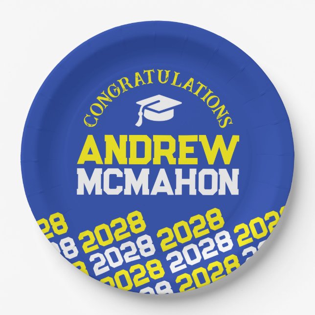 Blue & Yellow Half Repeat Grad Personalized Paper Plate (Front)