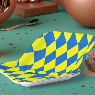 Blue Yellow Harlequin Checkered Design Paper Plate