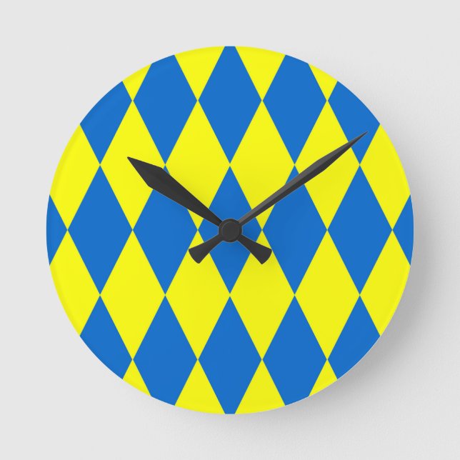 Blue Yellow Harlequin Checkered Design  Round Clock (Front)