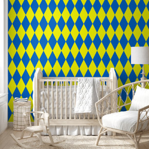 Blue Yellow Harlequin Checkered Design Wallpaper