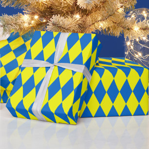 Blue Yellow Harlequin Checkered Design Wrapping Paper